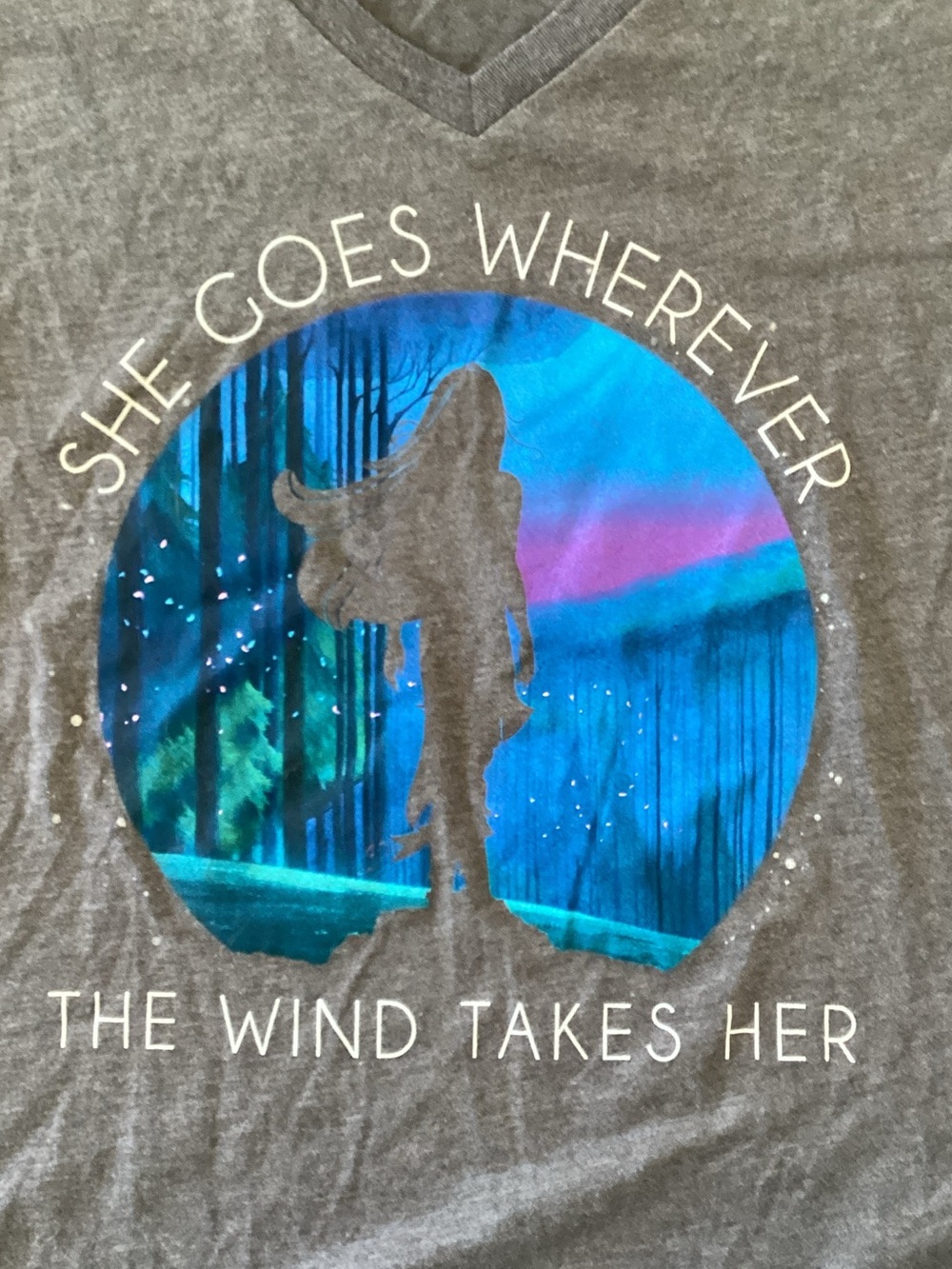 Disney Grey Graphic V-Neck Tee with Blue and Purple Circular Scene